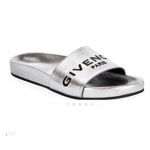 Givenchy Paris Cruise logo Silver metallic pool slides sandals size 38 US 8 $595